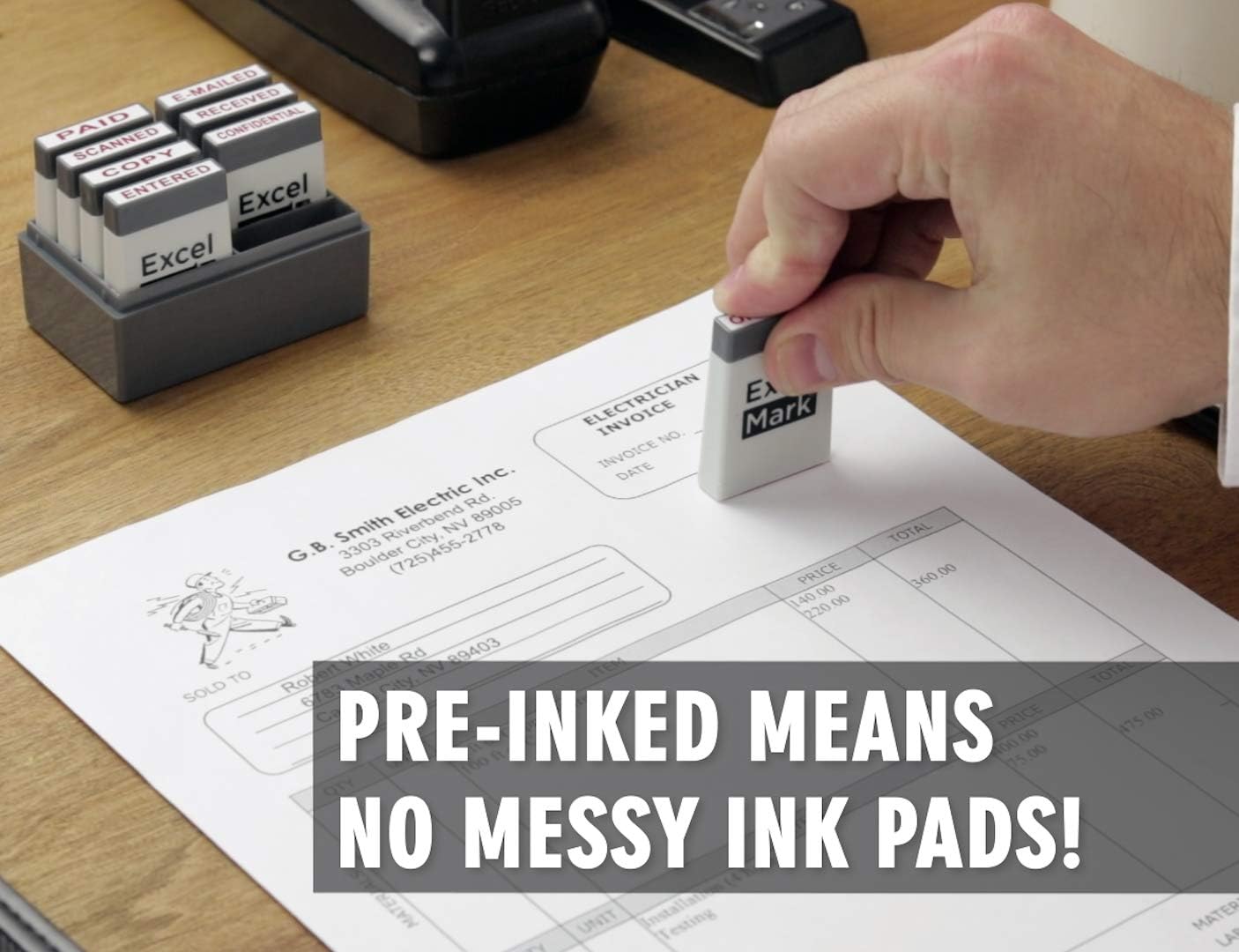 ExcelMark Mini Office Message Rubber Stamp Set - Red Ink - Storage Tray Included - Image 3